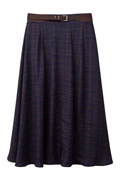 Mixray 4880 women's belted plaid skirt with slit - navy blue