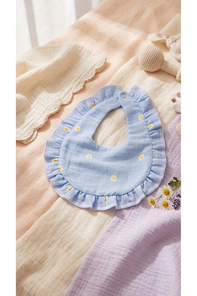 jr.bunnies Jr Bunnies Daisy Patterned Ruffled Muslin Baby Bib 100% Cotton Soft & Stylish Baby Bib