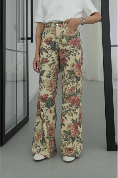 Havoş Beige Patterned High Waist Trousers