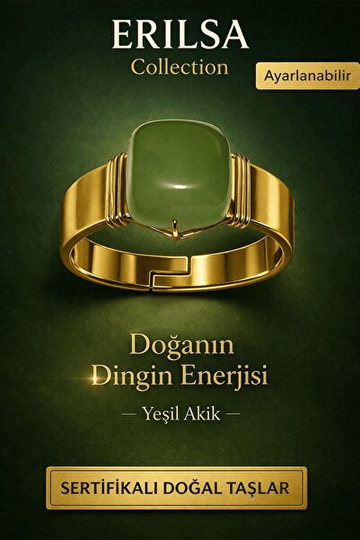 Erilsa خاتم من حجر العقيق الأخضر الطبيعي المعتمد - طاقة طبيعية مهدئة قابلة لل...