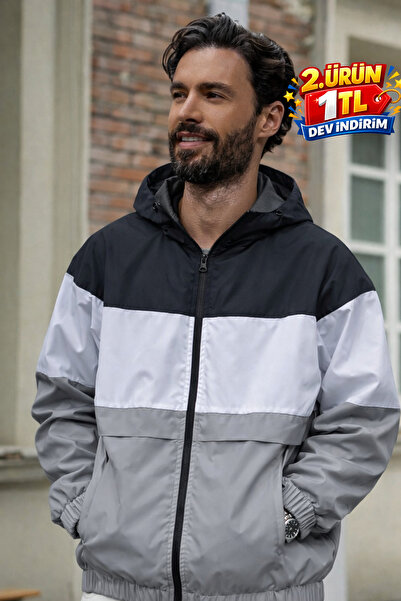 DAMGA JEANS Men's Comfort Fit Patterned Loose Gray Raincoat & Windbreaker