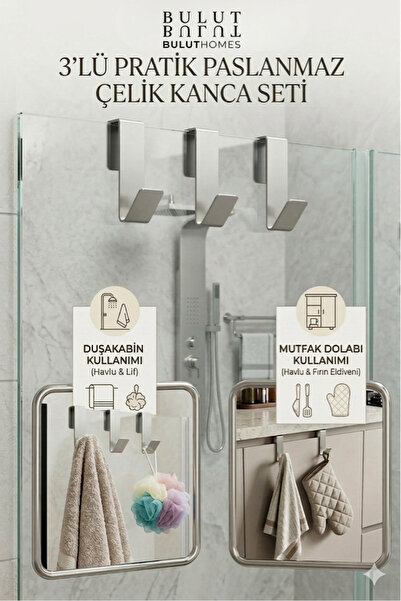 buluthomes 3 Adet Paslanmaz Çelik Duşakabin Askısı ve Mutfak Dolabı Üstü Kanc...