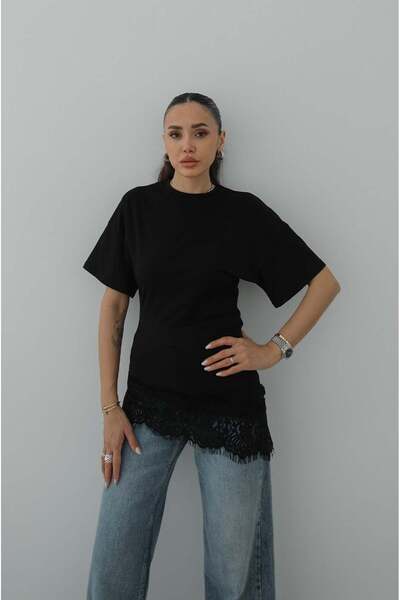 Havoş Black Asymmetrical Lace Detailed Blouse