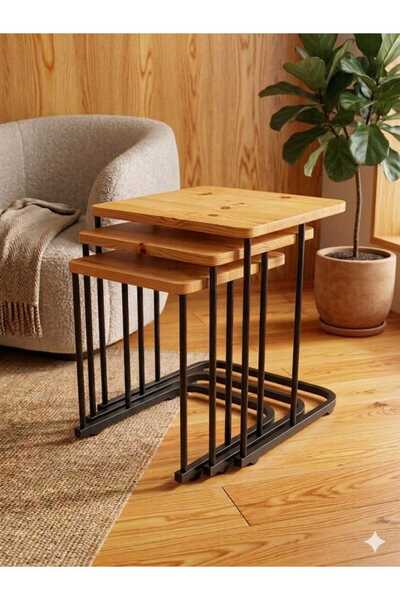 Nokta Sehpa Home 3LÜ TEKERLEKLİ SİYAH METAL ÇAM TABLA ZİGON SEHPA YAN SEHPA O...
