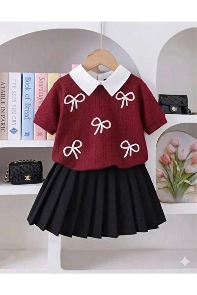 MİA SHİNE S Girl's Embroidery Bow Detail 2-Piece Combination Set