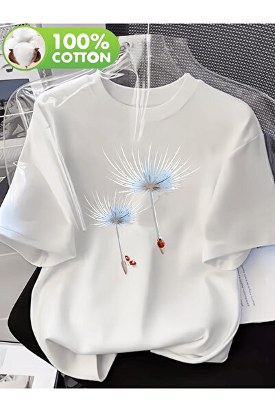 one button تيشيرت مطبوع عليه الهندباء والخنفساء بحجم كبير ممتاز