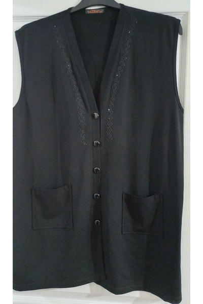 Anne Er Clothing Battal Summer Combed Cotton Vest Buttoned Double Pocket Black