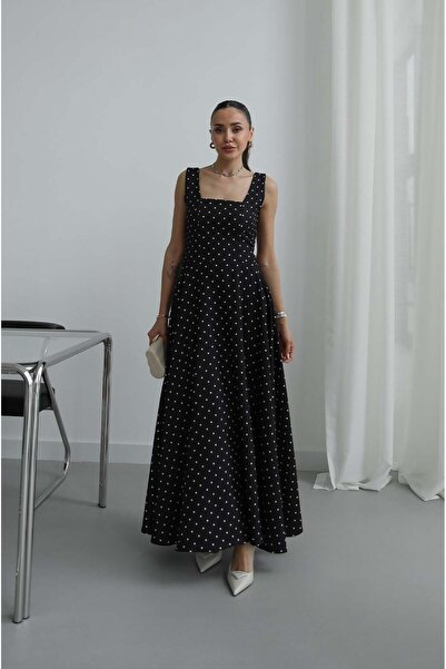 Havoş Black Polka Dot Dress with Back Tie Detail