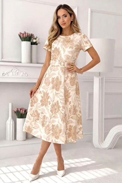 FashionForYou Νάγιλα Καλοκαιρινό Φόρεμα, με πιέτες και φλοράλ σχέδιο, ΜΠΕΖ, Μ...