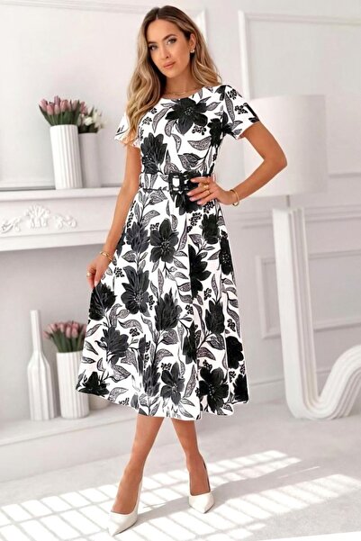 FashionForYou Νάγιλα Φόρεμα Ημέρας με Φλοράλ Σχέδιο και Ζώνη, Μαύρο, Μέγεθος S/M