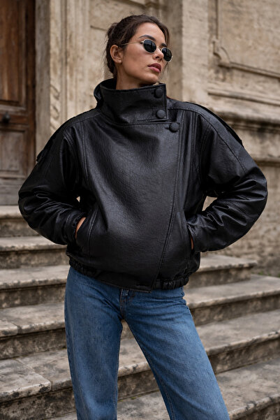 gm giyimarket New Season Zra Viral Oversize Stand Collar Women's Leather Jacket