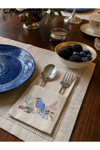 Menar Tasarım Keten Kaşıklık Servis Sunum Vintage Kuş Temalı Kumaş Kaşık Çata...