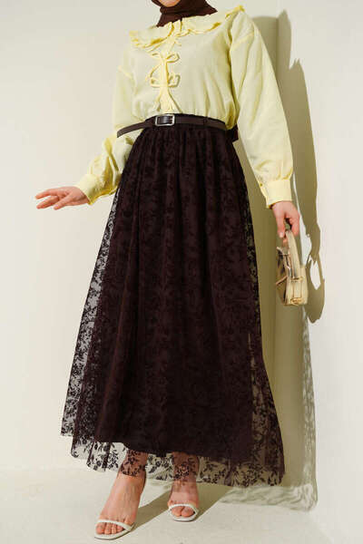 Lavanta Tekstil Belted Lace Detailed Skirt