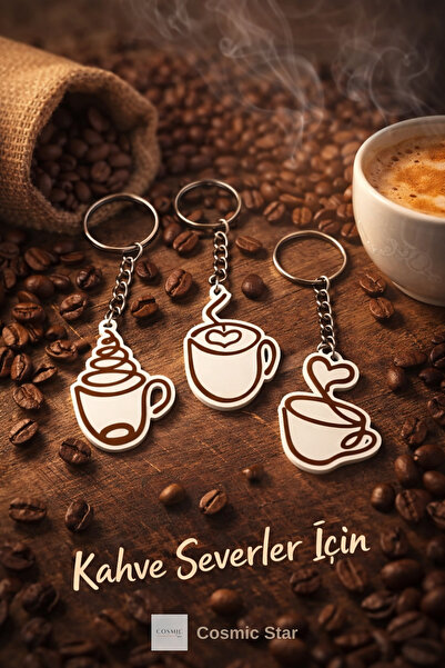 Cosmic Star Coffee Cup Heart Figure Themed Keychain Set (3 Pieces) |   Specia...