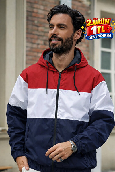 DAMGA JEANS Men's Comfort Fit Patterned Loose-Fitting Red Raincoat & Windbreaker