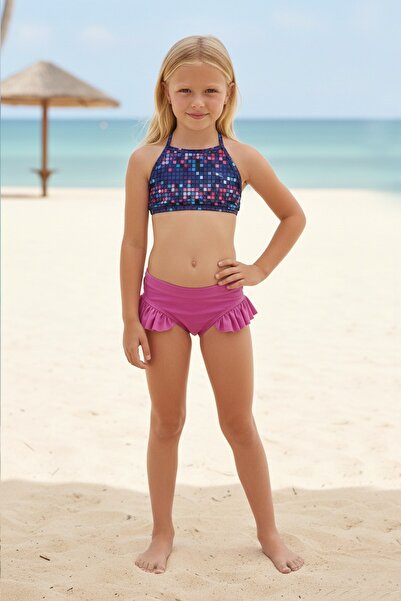 ALKINKİDS 8-12 Years Old Girls' Checkered Digital Printed Bikini Top and Ruff...