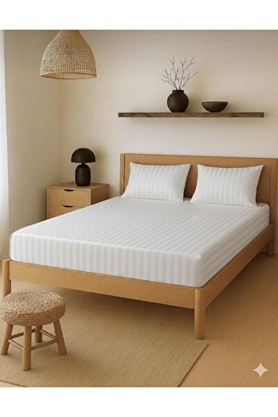 Pamuku King Size Striped Satin Elastic Sheet Set 180X200 cm +2 Covered Pillow...