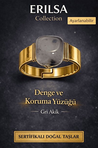 Erilsa خاتم من العقيق الرمادي المعتمد، مصنوع يدويًا من الأحجار الكريمة الطبيع...