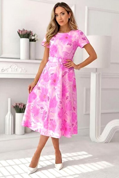 FashionForYou Νάγια Φόρεμα Ημέρας με Πιέτες και Φλοράλ Σχέδιο, Φούξια, Μέγεθο...