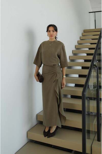 Havoş Khaki Morley Dress with Side Ruffle Detail