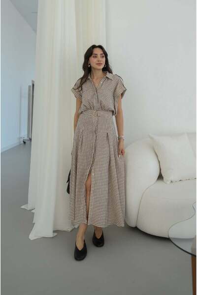 Havoş Brown Gingham Belted Dress