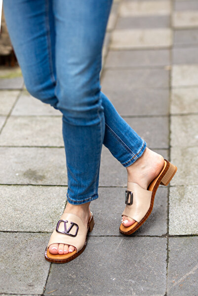 Venüs 00401 Genuine Leather Buckle Thick Heeled Slippers