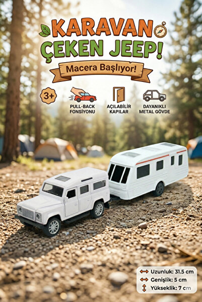 craftivio Metal Diecast Çek Bırak Jeep ve Karavan Seti - Açılabilir Kapılı Oy...