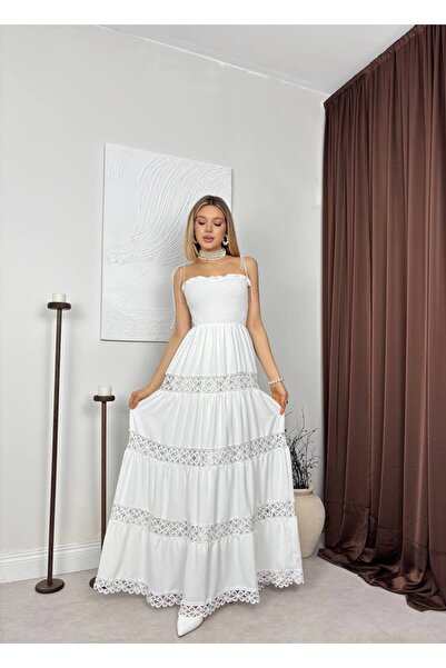 LOKADI White Scallop Embroidered Strappy Maxi Summer Dress with Gipeli Chest ...