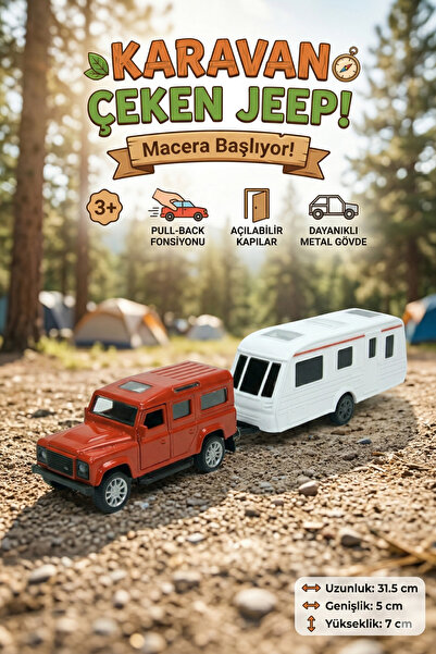 craftivio Metal Diecast Çek Bırak Jeep ve Karavan Seti - Açılabilir Kapılı Oy...