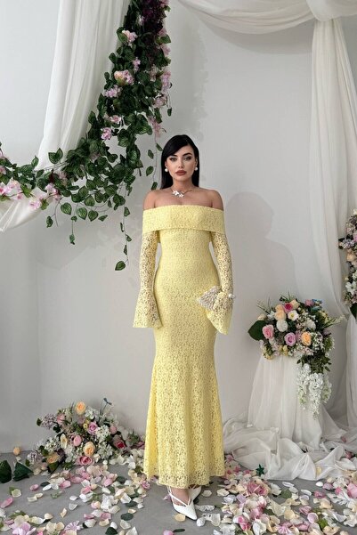Julidress Yellow Madonna Collar Lined Premium Lace Dress