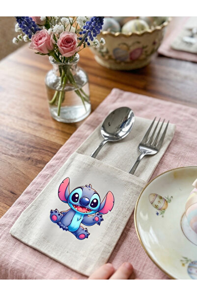 Menar Tasarım Keten Kaşıklık Servis Sunum Stitch Dodomar Temalı Kumaş Çatal K...