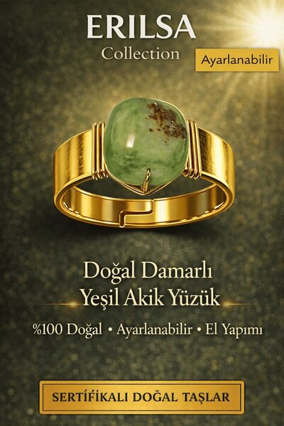 Erilsa خاتم من حجر العقيق الأخضر الطبيعي المعتمد، قابل للتعديل، مصنوع يدويًا،...