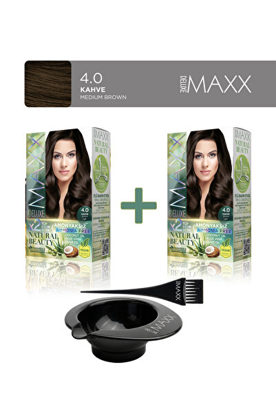 MAXX DELUXE 2'li Natural Beauty Amonyaksız Set Saç Boyası 4.0 Kahve, Boya Tas...