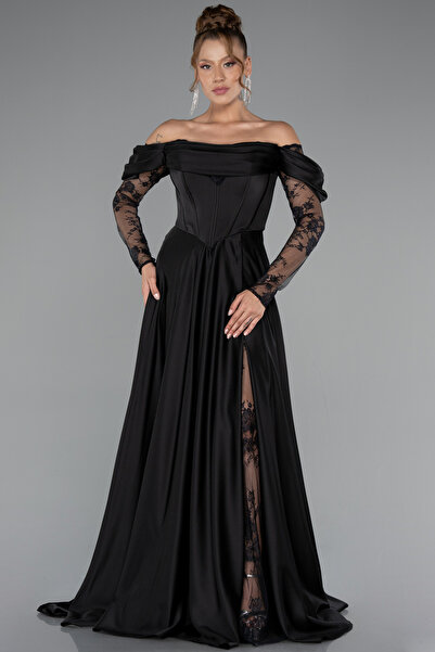 AYSHA BOUTIQUE Dantelli Uzun Kol Kayık Yaka Yırtmaçlı Saten Abiye