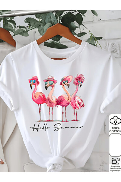 one button Hello Summer Μπλουζάκι Premium Oversize με στάμπα φλαμίνγκο