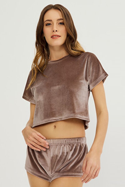 Cottonhill Cottonhill women's set, velvet t-shirt and shorts, Brown