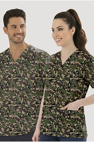 ÇİZGİ MEDİKAL قميص علوي بنمط التمويه الغابوي (نسيج قطني ليكرا)