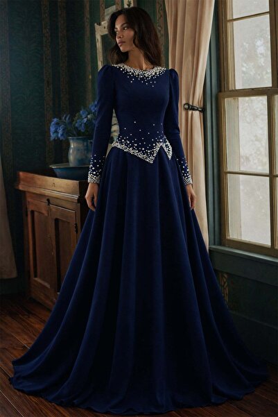 Olcay Krepp-Hijab-Abendkleid mit Perlenverzierung DUNKELBLAU 1691