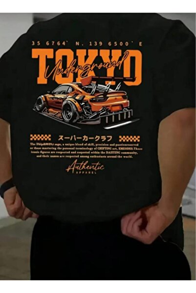 Lario Men's Orange Sports Car Graphic T-Shirt Tokyo Printed Oversized Short S...