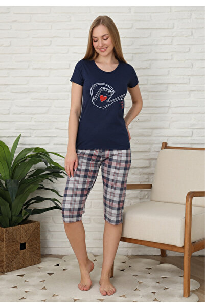 BOYRAZ Family pajamas for women, cotton, short sleeves and 3/4 pants, navy bl...