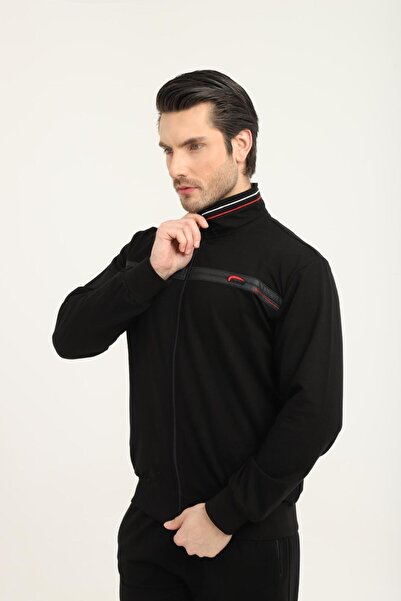 wera طقم بدلة رياضية للرجال بتصميم مريح وياقة عالية وسحاب أمامي باللون الأسود