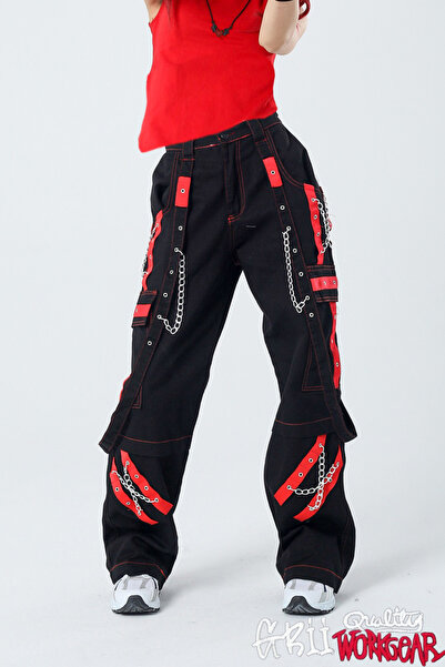 GRİİ WEAR Red Striped Unisex Baggy Cargo Pants with Chain Detail