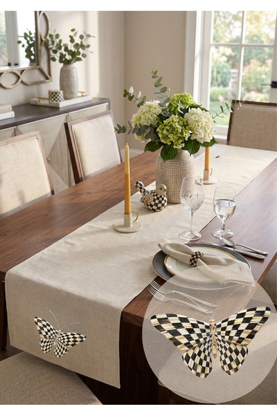 Menar Tasarım Linen Runner 110*40 cm Mackenzie Checkered Design Decorative Ru...