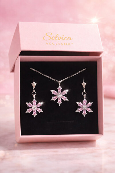 Selvica Pembe Lotus Kamelya Çiçeği Kolye Ve Küpe Seti Doğum Günü Hediyesi Kız...