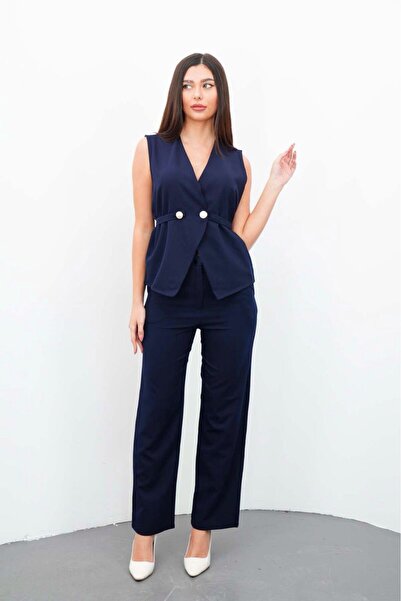 Merci Kadın Lacivert Yelek Pantolon İkili Takım Kuşak Detaylı Şık Ofis Günlük...