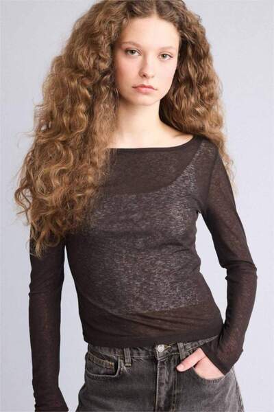 LC Waikiki Μακρυμάνικο μπλουζάκι με λαιμόκοψη καγιάκ