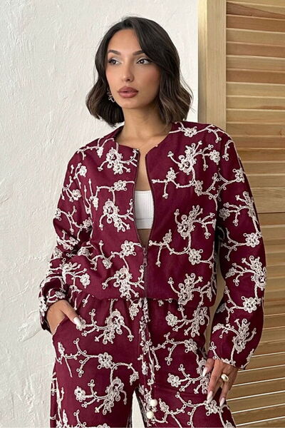 VERYMODA Floral Embroidered Zipper Jacket - Burgundy |   F1948