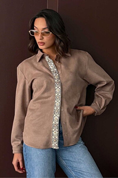 VERYMODA Πουκάμισο Scuba Suede με λεπτομέρεια σε ρίγες - Ανοιχτό καφέ |   F1973