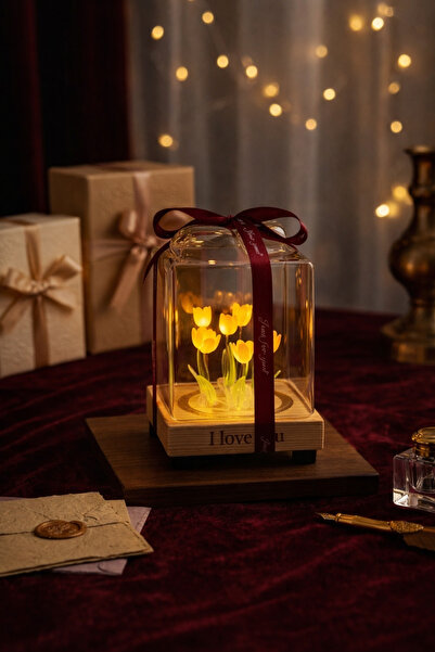 Gift LAB Lighted Glass Rose Flower Box with Wooden Base - Luxury Decor and Gi...