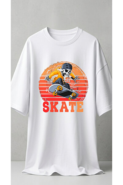 dompulerimoda Skates Bull Printed Unisex Oversize White T-Shirt
